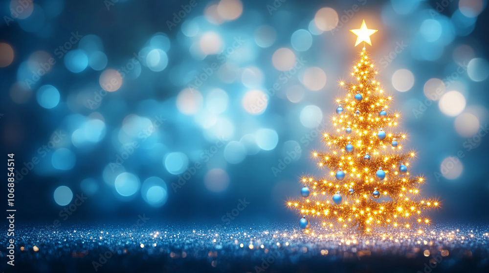 A radiant golden Christmas tree adorned with sparkling lights, set against a soft blue backdrop, perfect for holiday invitations, greeting cards, and seasonal decorations. A radiant golden Christmas tree adorned with sparkling lights, set against a soft blue backdrop, perfect for holiday invitations, greeting cards, and seasonal decorations.