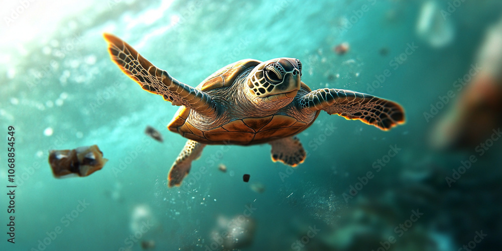 Obraz premium Close up of sea turtle swimming gracefully in clear water, surrounded by plastic waste, highlighting impact of pollution on marine life