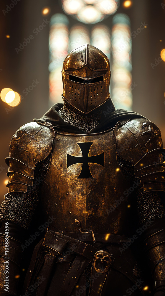 A solemn Teutonic knight in full plate armor, standing in a grand cathedral. A solemn Teutonic knight in full plate armor, standing in a grand cathedral.