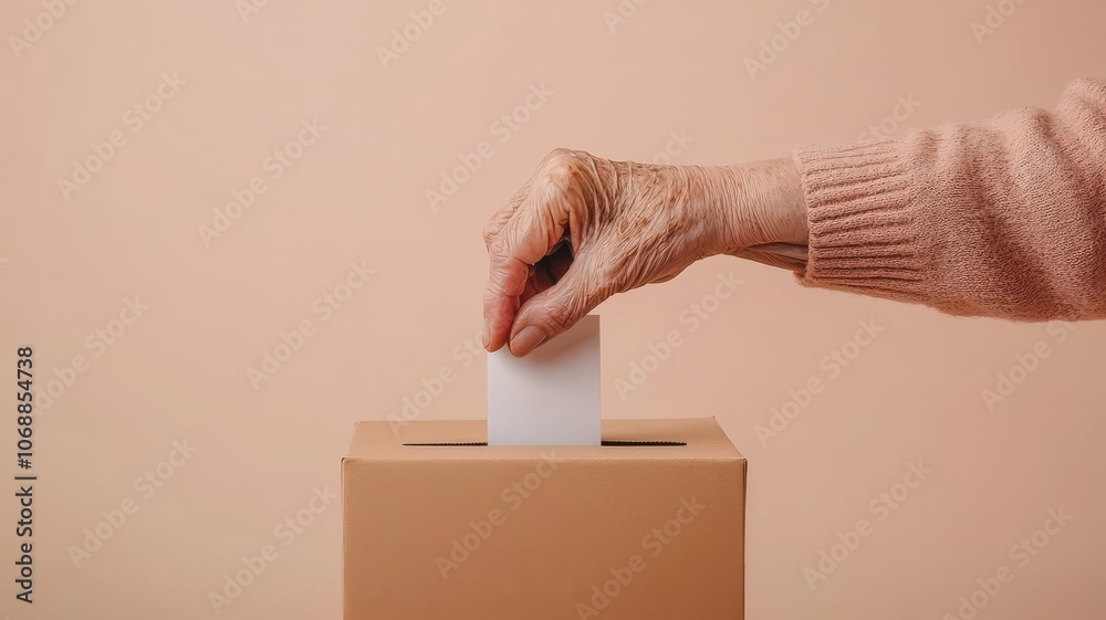 Close-up of an elderly person s hand placing a ballot in the box, symbolizing long-standing democracy, Elderly hand voting close-up, Respectful and historic