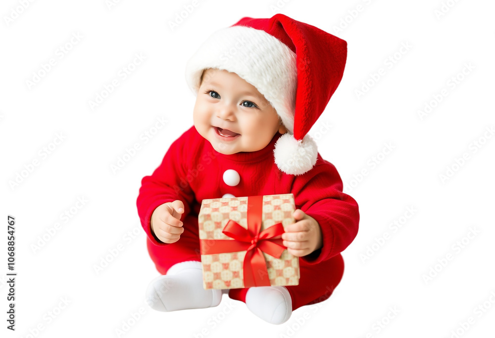 Adorable Baby in Santa Hat and Red Christmas Outfit Holding Gift Box on White Background. Transparent PNG. Adorable Baby in Santa Hat and Red Christmas Outfit Holding Gift Box on White Background. Transparent PNG.