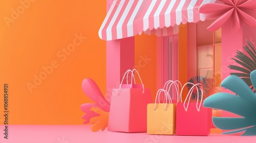 A vibrant display of colorful shopping bags in front of a lively store with playful decor in an energetic setting