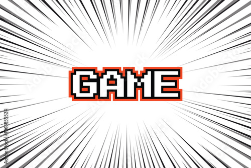 GAME text on speed line. pixel art .8 bit game. retro game. for game assets in vector illustrations on white background.