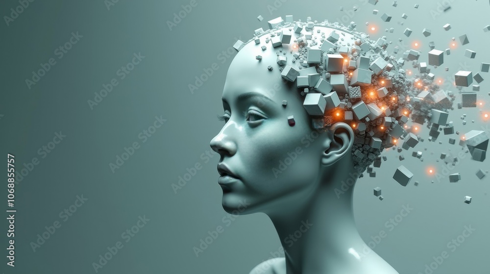 A surreal depiction of a futuristic human with cubes and glowing elements emerging from the head, symbolizing digital transformation. A surreal depiction of a futuristic human with cubes and glowing elements emerging from the head, symbolizing digital transformation.