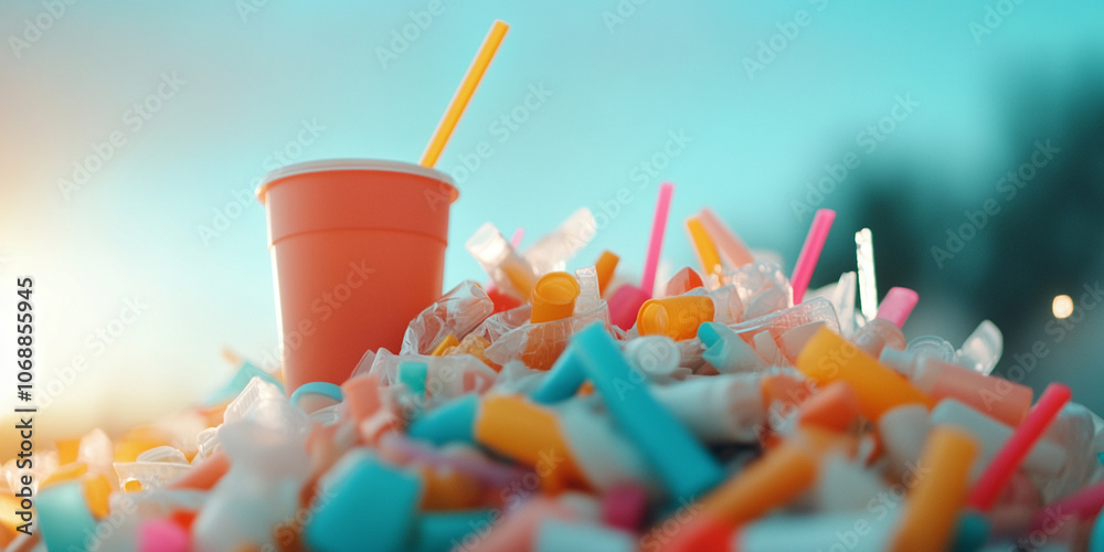 vibrant pile of single use plastic waste, including colorful straws and cups, highlights environmental impact of disposable items. scene evokes concern for pollution