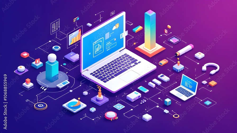 Digital technology illustration with a laptop and data visualization charts and graphics on purple background