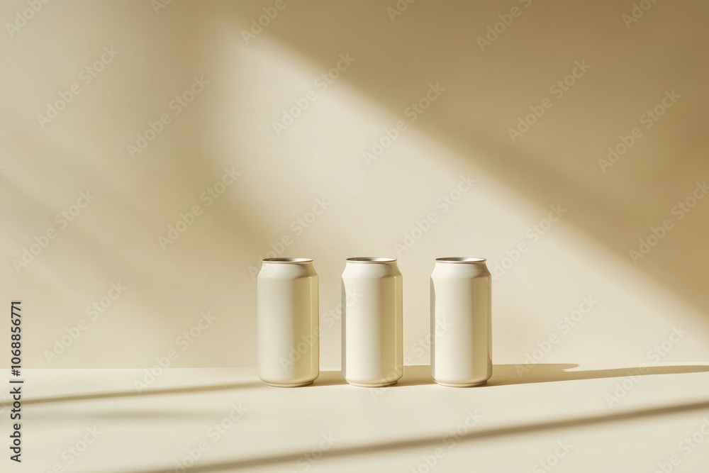Modern Aluminum Cans Mockup with Light Beige Background for Elegant Product Display Modern Aluminum Cans Mockup with Light Beige Background for Elegant Product Display