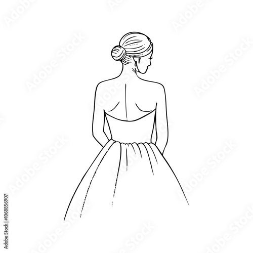 graceful girl in bustier dress stands with her back turned, faceless - hand drawn line art sketch