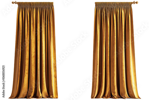 Gold velvet curtains draped open isolated transparent background  on transparent background