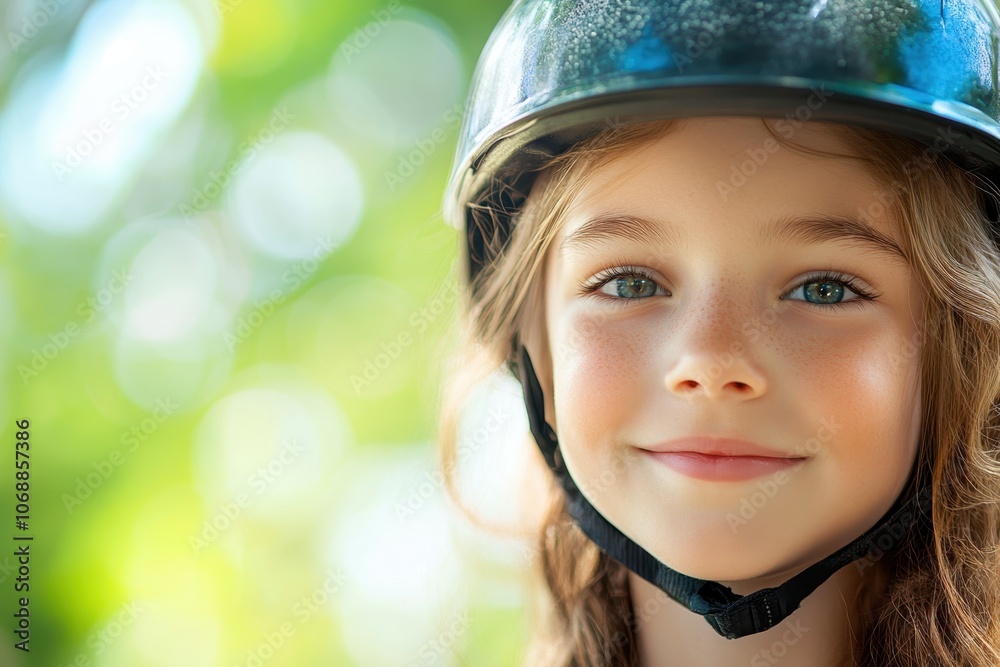 A young girl smiles confidently while wearing a protective helmet outdoors in a sunny park A young girl smiles confidently while wearing a protective helmet outdoors in a sunny park