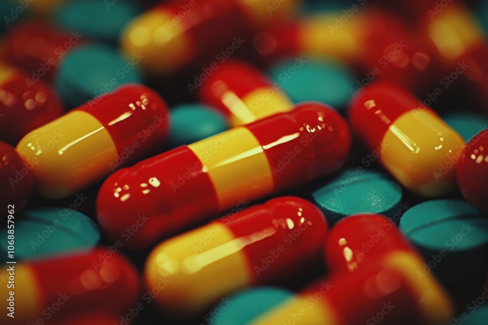 Close-up of colorful red and yellow capsules mixed with blue pills, representing a variety of medications or supplements. Close-up of colorful red and yellow capsules mixed with blue pills, representing a variety of medications or supplements.