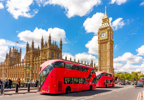 Canvas Print Double-decker buses on Westminster bridge with Big Ben and Houses of Parliament,