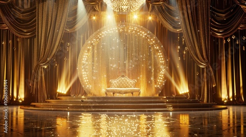 A grand gold stage adorned with shimmering light effects and luxurious decor