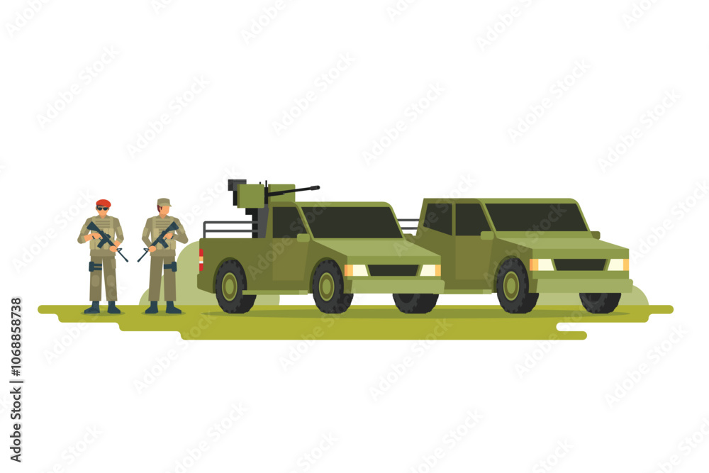 Obraz premium Army truck vector illustration front and side view, technical military utility vehicle