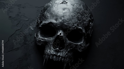 Black and white image of a human skull against a textured black background.  Concept,  mortality, death, Halloween, horror, anatomy