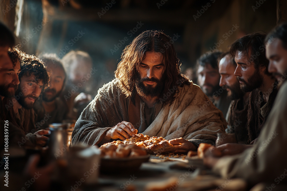 Jesus shares a meal with his disciples in Emmaus, symbolizing recognition and divine revelation after his resurrection, an inspiring biblical moment.