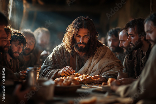 Obraz na płótnie Jesus shares a meal with his disciples in Emmaus, symbolizing recognition and divine revelation after his resurrection, an inspiring biblical moment. w salonie