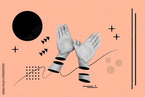 Woman hands doing bird gesture on a pink background with black geometric draws