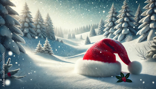 AI image - Santa Claus hat into the snow, Christmas, december, holiday, winter, season, greeting, card, 