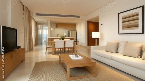 A modern living room featuring a stylish sofa, wooden furniture, a TV unit, and a dining area, complemented by neutral colors and decorative accents.