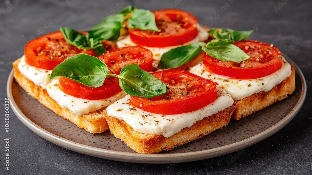Fresh tomato and basil sandwiches with melted cheese on toasted bread, served on a gray plate, providing a vibrant and appetizing visual appeal. Fresh tomato and basil sandwiches with melted cheese on toasted bread, served on a gray plate, providing a vibrant and appetizing visual appeal.