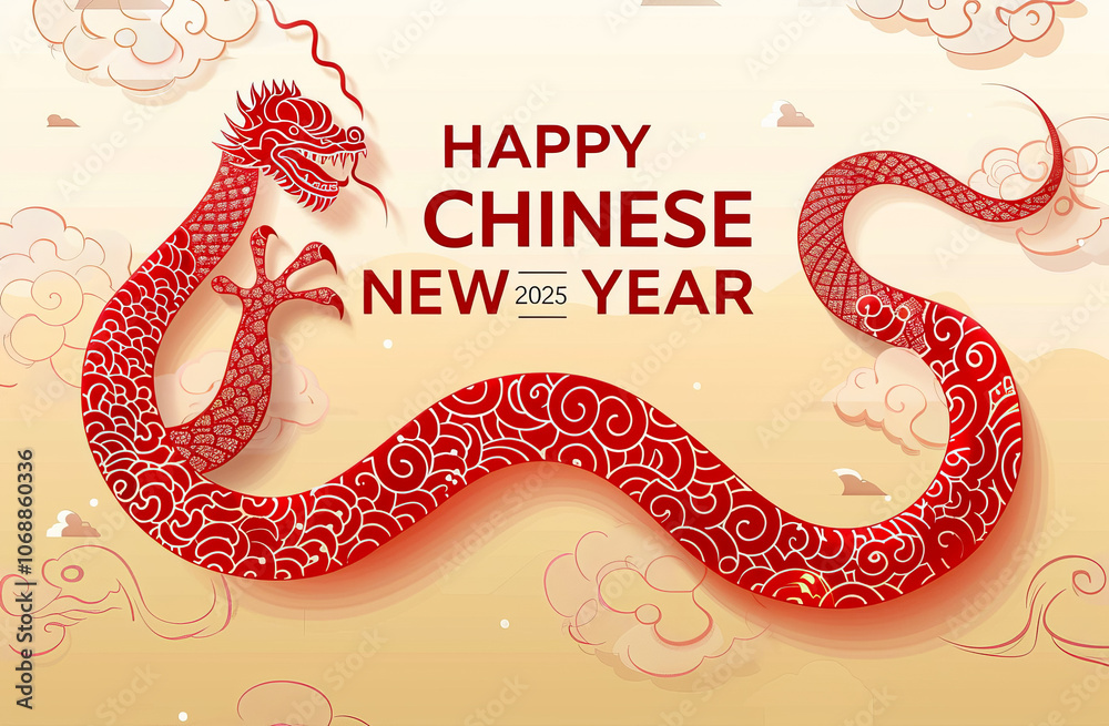 Fototapeta premium Wooden snake illustration for 2025 zodiac event, featuring festive oriental design, symbolizing prosperity and traditional Chinese New Year celebration.