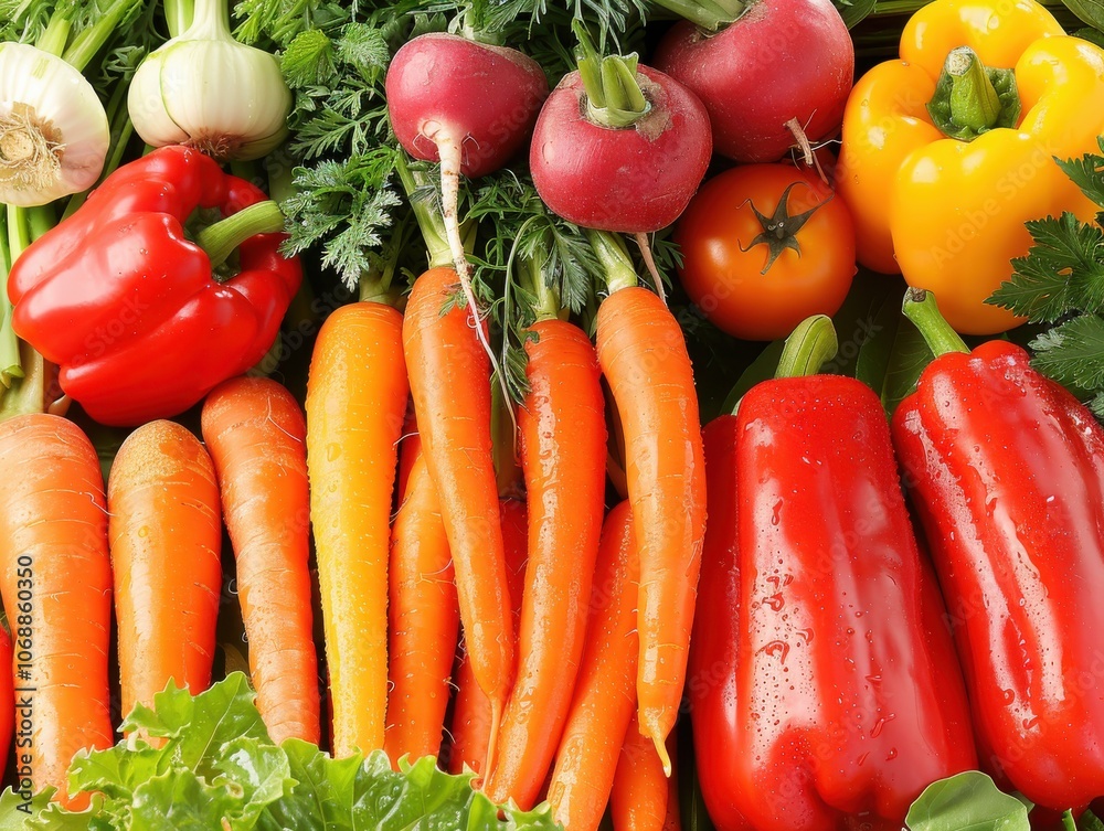 A vibrant background featuring fresh, colorful vegetables like carrots, bell peppers, and spinach, highlighting their natural beauty A vibrant background featuring fresh, colorful vegetables like carrots, bell peppers, and spinach, highlighting their natural beauty
