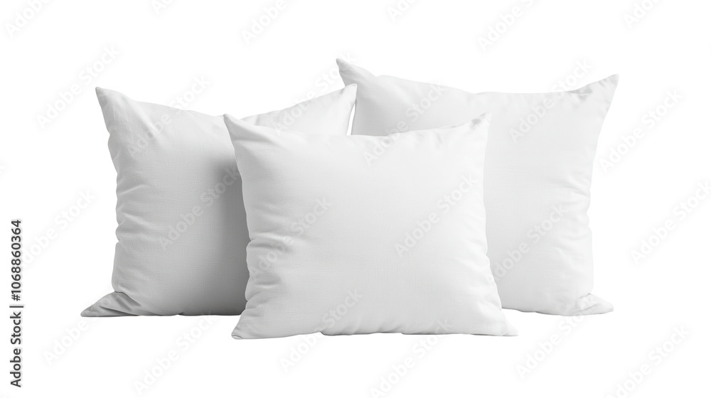 Three soft, white pillows stacked together, isolated on a white background, transparent background. Three soft, white pillows stacked together, isolated on a white background, transparent background.