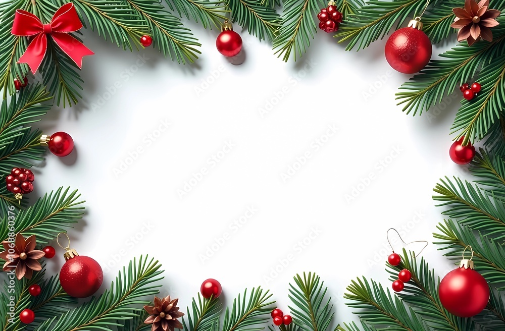 Christmas frame made of Christmas tree, balls and decorations with white background for text. Christmas card. Christmas background for text. Christmas frame made of Christmas tree, balls and decorations with white background for text. Christmas card. Christmas background for text.