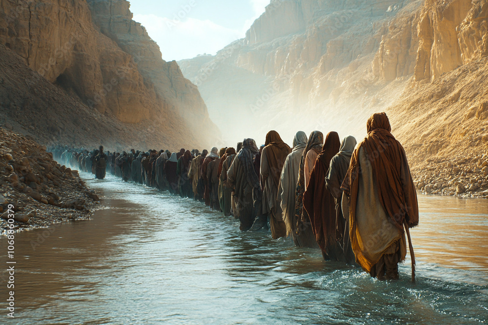 A large group of Israelites in robes crosses the Jordan River, symbolizing faith and perseverance during the biblical Exodus.