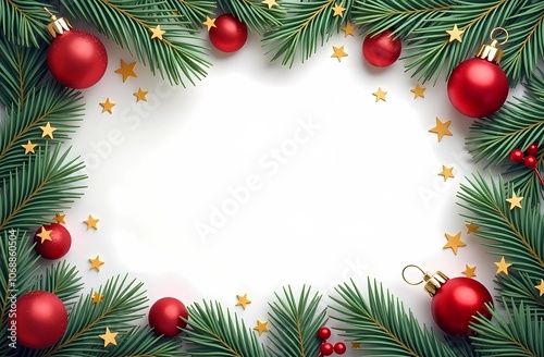 Christmas frame made of Christmas tree, balls and decorations with white background for text. Christmas card. Christmas background for text.