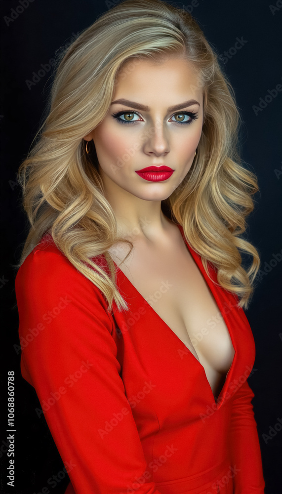 Portrait Attractive young woman in red dress. Outfit for New Year's party. Portrait Attractive young woman in red dress. Outfit for New Year's party.