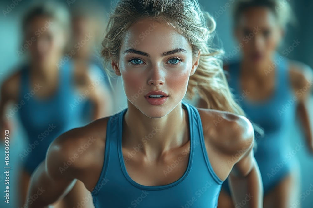 Focused female athletes sprinting in a training session at a modern gym in bright lighting