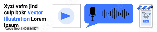 Play button, microphone with sound wave, and shopping bag icons in blue. Ideal for tech blogs, podcasts, eCommerce sites, digital platforms, media websites, online tutorials, interactive content