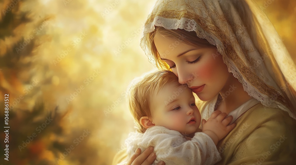 Obraz premium A tender moment between a mother and her baby in a serene setting.