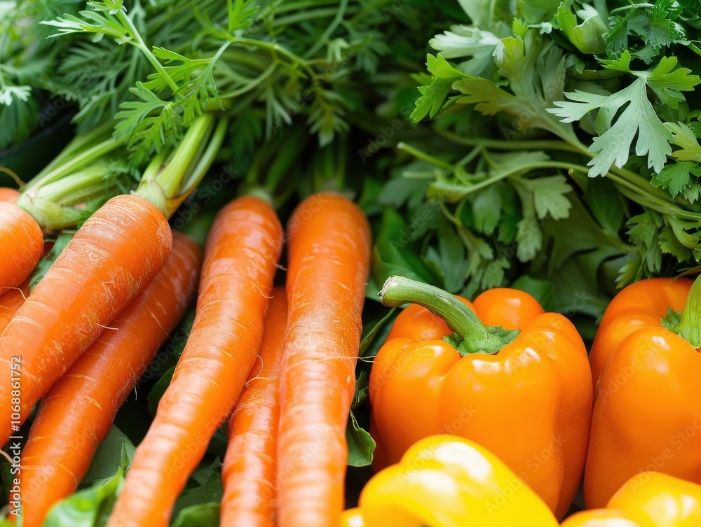 A vibrant background featuring fresh, colorful vegetables like carrots, bell peppers, and spinach, highlighting their natural beauty A vibrant background featuring fresh, colorful vegetables like carrots, bell peppers, and spinach, highlighting their natural beauty
