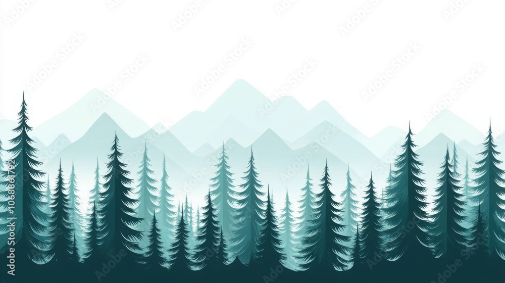 Fototapeta premium Forest silhouette with mountains in the background, white isolated background.