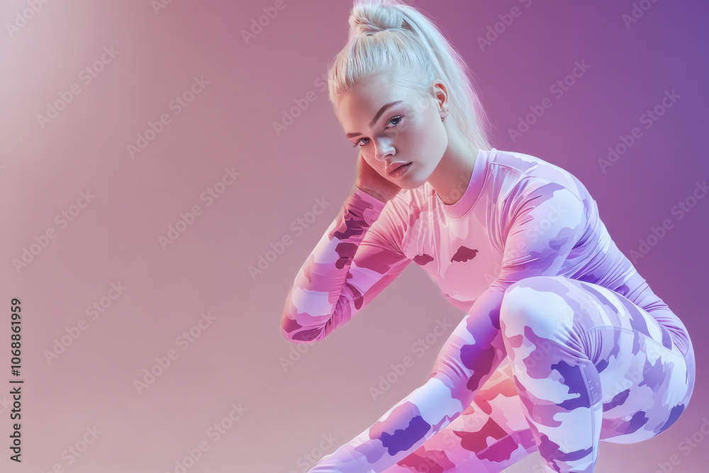 Young woman in pink camouflage activewear posing against a vibrant gradient background. Young woman in pink camouflage activewear posing against a vibrant gradient background.
