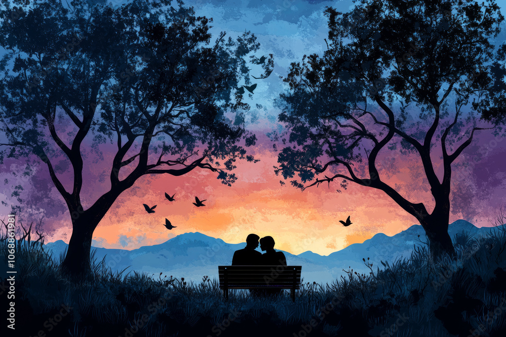 Romantic couple sitting on a bench at sunset under trees, with birds flying in silhouette Romantic couple sitting on a bench at sunset under trees, with birds flying in silhouette