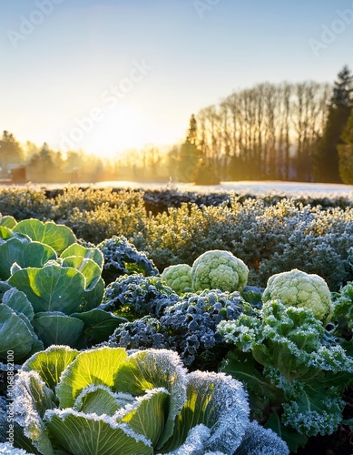 Field of vegetables with frost on them. There are several types of vegetables, including broccoli, cauliflower, and cabbage photo