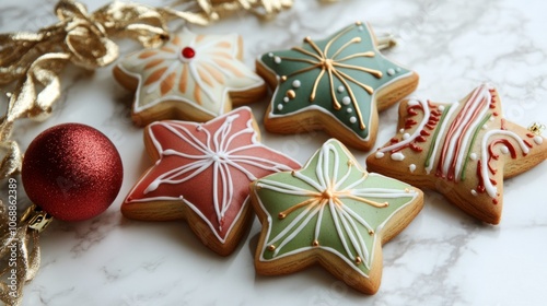 Decorative star-shaped Christmas cookies with festive designs.