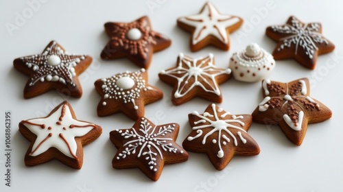 Decorative star-shaped cookies with intricate icing designs.