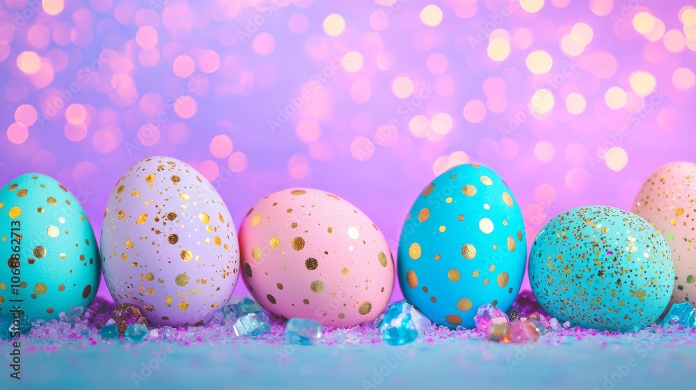 Colorful Pastel Easter Eggs with Gold Dots and Sparkling Gems on Purple Bokeh Background, Festive Spring Decor Colorful Pastel Easter Eggs with Gold Dots and Sparkling Gems on Purple Bokeh Background, Festive Spring Decor