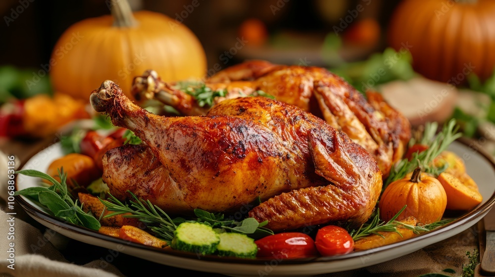 Roasted turkey surrounded by vegetables and autumn decorations. Roasted turkey surrounded by vegetables and autumn decorations.
