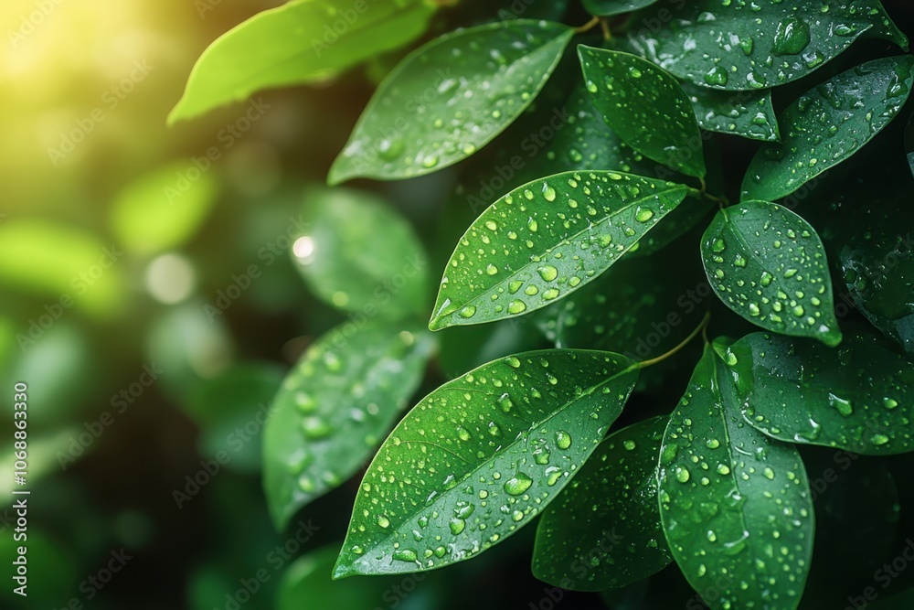 Fresh green leaves covered in raindrops illuminated by soft sunlight in a lush garden Fresh green leaves covered in raindrops illuminated by soft sunlight in a lush garden