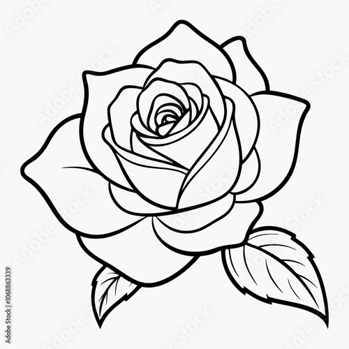 Vector illustration of a beautiful rose with lush green leaves for a tattoo design. It features realistic, high-quality classic rose line art and icons.