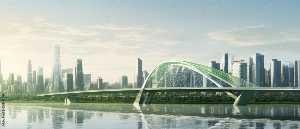 Fototapeta premium Futuristic City Bridge Against Skyline