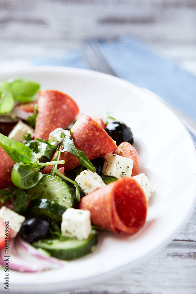 Salad with Salami, Feta Cheese, Black Olives, Cucumber and Cherry Tomatoes. Close up. Salad with Salami, Feta Cheese, Black Olives, Cucumber and Cherry Tomatoes. Close up.