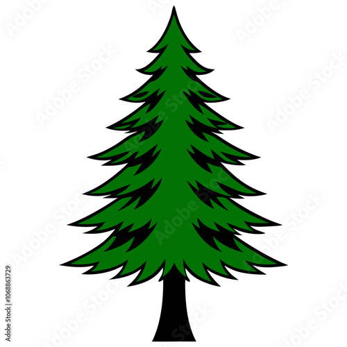 Vector illustration of a vintage silhouette showcasing pine trees, a panorama of diverse Christmas fir tree outlines, and decorative icons.