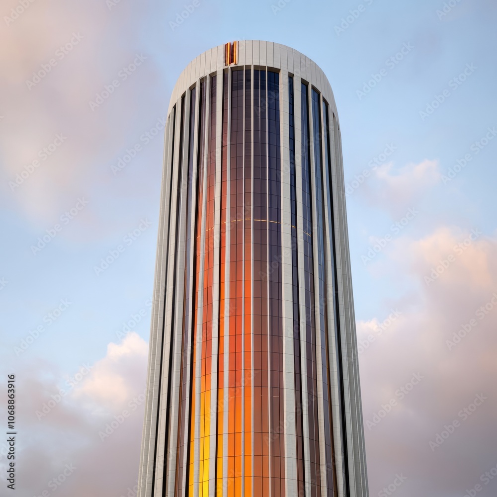 A tall cylindrical building with a glass facade reflects the sunset sky. A tall cylindrical building with a glass facade reflects the sunset sky.